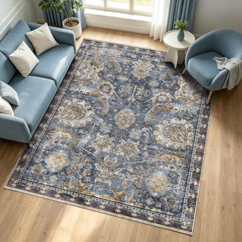 RUGSURE Washable Area Rugs - Perfect for Living Room, Bedroom, Kids Room, Nursery - Stain & Water Resistant Non-Slip, Pet & Child Friendly, Vintage Tribal Area Rugs (Navy, 5' x 7') - Image 4