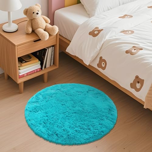 OLANLY Teal Blue Round Rugs for Bedroom - Machine Washable, 2 ft Circle Area Rugs for Living Room, Soft and Fluffy Shaggy Carpet for Teen Girls and Boys, Nursery Rooms, Dorms, Home Decor Aesthetic - Image 3