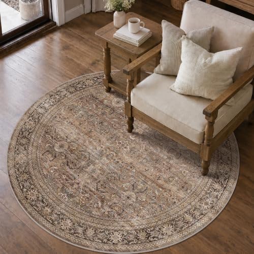 Schweek 4ft Round Rug Brown Washable Non-Slip Circle Rugs Neutral Area Rug by Schweek