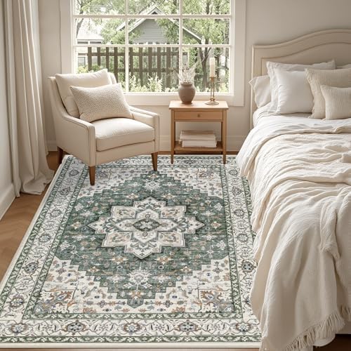 6x9 Area Rugs Living Room: Washable Rug for Bedroom Green Ivory - Image 4