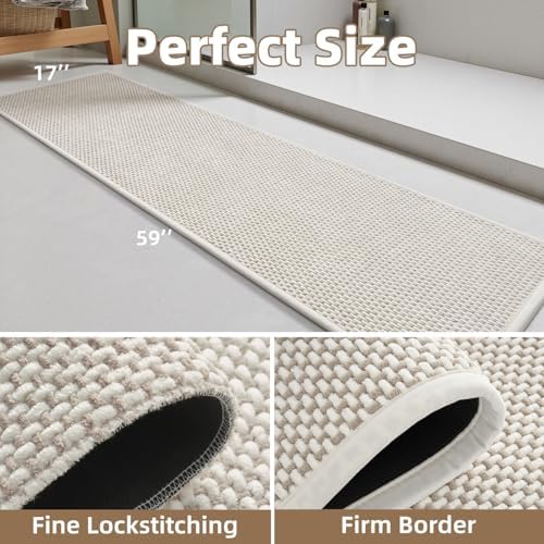 PADOOR-Bath Mat Runner-Super Absorbent Chenille Bathroom Mats-Rubber Backed Bath Mats for Bathroom Non Slip, Easy Clean Bathroom Runner Rugs Front of Bathtub,Shower Room,Sink-17×59, Beige&Cream - Image 2