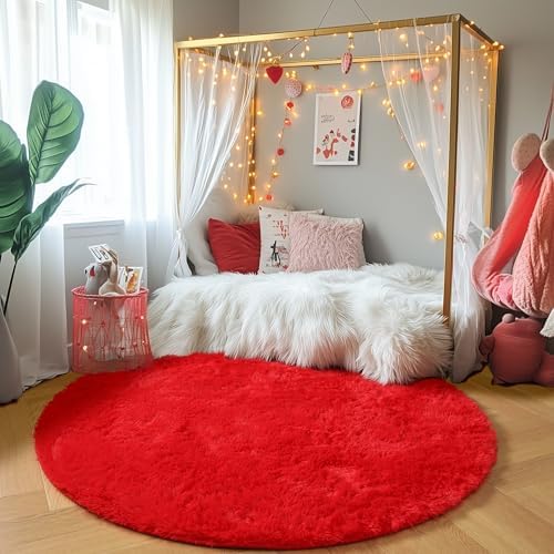 PAGISOFE Red Round Rugs for Livingroom, Circle Rugs 5x5 Feet, Ultra Soft Children Rugs for Boys/girls Bedroom, Fluffy Carpets, Shaggy Rugs, Small Teepee Furry Mat, Comfy Reading Rug, Circular Rug - Image 4