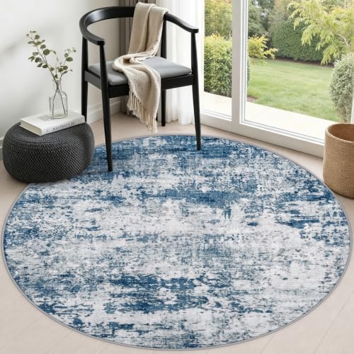 Round Area Rug Living Room: 5 ft Modern Washable Carpet Blue by FXRHLP