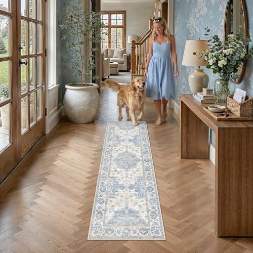 PureCozy Blue Runner Rug 2x6 Kitchen Vintage Floral Non-Slip Carpet - Image 2
