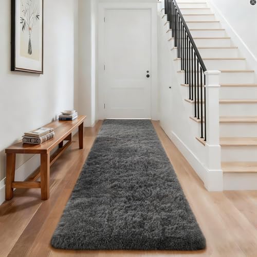 Ophanie Runner Rug for Hallway, 3x8 Washable Non-Slip Fluffy Soft Bedside Rugs, Bedroom Living Room Shaggy Carpet for Kids Girls Boys Dorm Nursery Decor Aesthetic, Grey with Over 99 pcs Pile fibers by Ophanie