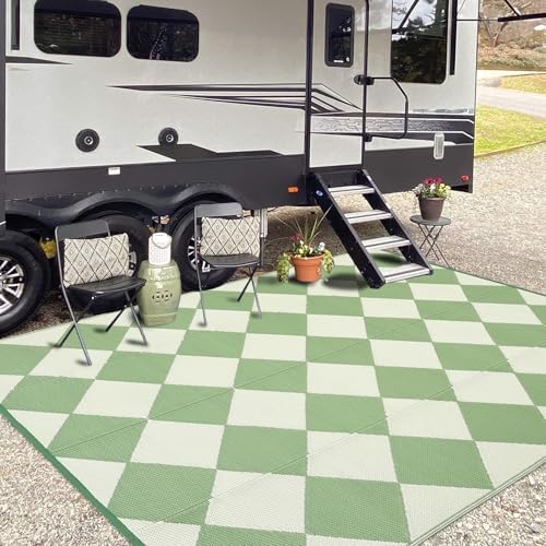 GAOMON 9x18 Plastic Straw Rug Outdoor Rugs for Patio Waterproof Reversible Mat Modern Bordered Camping Rug for Porch RV Backyard Pool Deck Picnic Beach Trailer Trellis-Green by GaoMon
