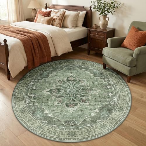 RELEANY Washable Area Rug, Round 5ft, Green/Dark Green/Gray - Image 2
