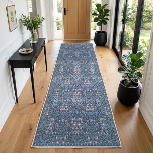 Non Slip 2x6 Kitchen Runner Rug Washable, Hallway Runner Rugs, Boho Vintage Floral Blue Non Skid Carpet Stain Resistance Ultra Soft Low Pile for Entryway, Bathroom Mats for Floor - Image 2