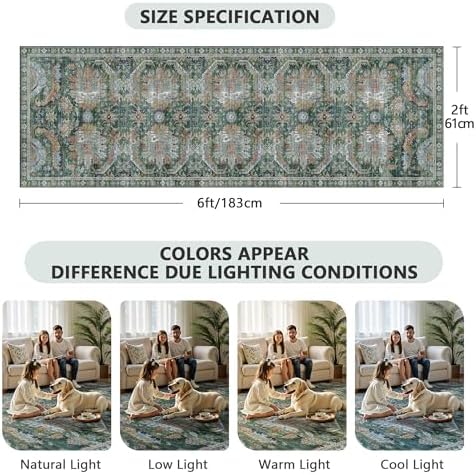 2x6 Hallway Runner Rug, Washable Vintage Retro Long Runner Rugs for Kitchen Laundry, Soft Ultra Thin Non Slip Low Pile Traditional Area Carpet for Bedroom Bathroom Indoor, Green - Image 2