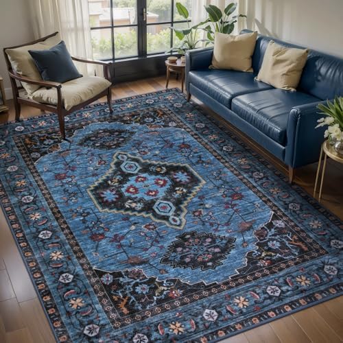Tangsoo Blue 5x7 Washable Area Rugs for Living Room, Oriental Non Slip Rug - Image 2