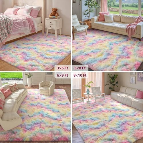 FinRèc Home 6x9 Non-Slip Fluffy Area Rugs for Living Room (Rainbow) - Image 6