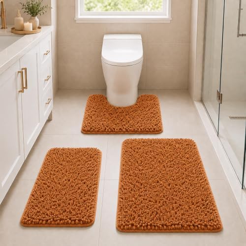 Bathroom Rugs Sets 3 Piece Non Slip Extra Absorbent Shaggy Chenille Batroom Rugs and Mats Sets, Soft & Dry Bath Rug/Mat Sets for Batroom Washable Carpets by RUNHELIX