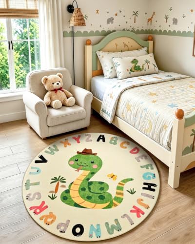 TWINNIS Kids Animal Print Round Rug for Playroom, Alphabet Washable Area Rugs for Boy Girl Baby Toddler Children, 4x4 Cute ABC Mat Play Carpet Nursery Bedroom Decor, Snake - Image 7