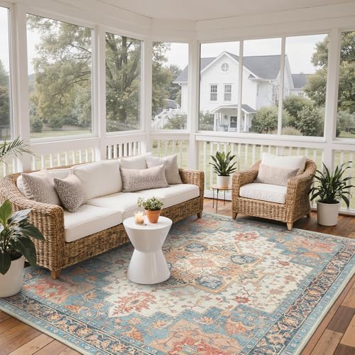 GENIMO Indoor Outdoor Rug, Washable for Patio and Deck, Peach Blue, 8x10 - Image 3