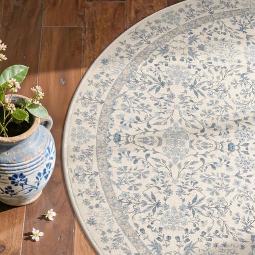 jinchan 2x3 Washable Half Circle Entryway Rug, Vintage Floral, Blue/Cream - Image 2