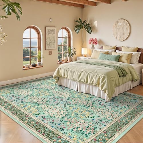 6x9 Area Rugs, Washable Floral Area Rugs for Living Room, Indoor Area Rug for Bedroom, Dining Room, Low Pile Non-Slip Non Shedding Rug(Green Floral) - Image 3