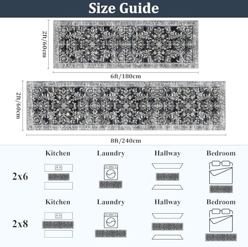 Yamaziot 2x8 Washable Hallway Runner Rug Non Slip Floral Carpet, Black - Image 2