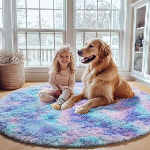 ONASAR Rainbow Round Area Rugs 6ft, Fluffy Soft Bedroom Circle Rug for Kids Girls Boys Teen Room, Plush Shaggy Floor Carpet Mats for Dorm Nursery Living Room Playroom Home Decor Aesthetic - Image 5