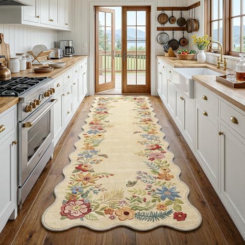 FMFUNCTEX 2x8 Hallway Runner Rug Washable Beige Floral Vintage Scalloped - Image 3