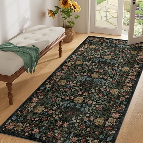 DUKINO 3x6 Kitchen Runner Rug, Washable Vintage Floral Area Rug, Black - Image 3