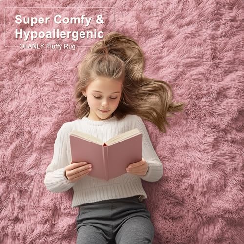 OLANLY 6x9 Machine Washable Large Area Rugs for Living Room, Bedroom, Soft Fluffy Shaggy Bedside Rug, Indoor Floor Carpet for Kids Girls and Boys, Dorms, Nursery, Home Decor Aesthetic, Pale Pink - Image 5