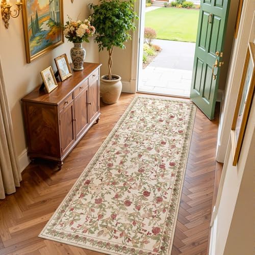 jinchan 3x8 Runner Rug Floral Vintage Washable Area Rug, Red/Green by JINCHAN