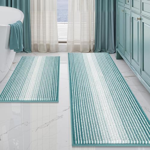 BSICPRO Bathroom Rugs Sets 2 Piece, Non Slip Striped Bath Mats, Aqua Green by BSICPRO