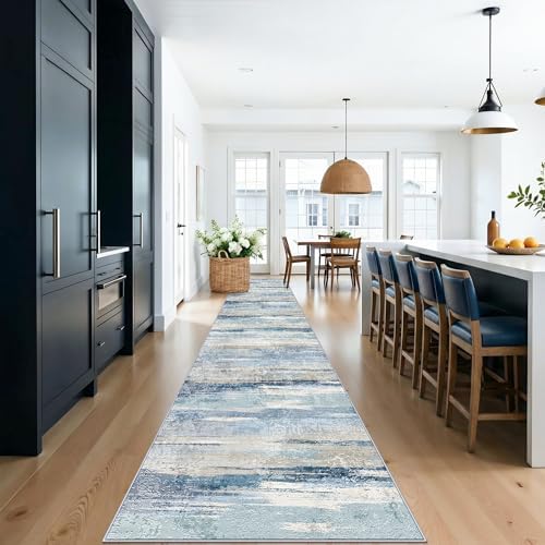 Hallway Runner Rug 3x15 Washbale - Modern Abstract Stain Resistant Kitchen Rugs with Non Slip Backing Soft Entryway Living Room Carpet Indoor Lightweight Home Decor Floor Thin Mat 3x15 Blue - Image 2