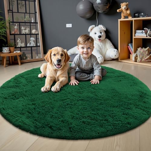 OLANLY Dark Green Round Rugs for Bedroom - Machine Washable, 8 ft Circle Area Rugs for Living Room, Soft and Fluffy Shaggy Carpet for Teen Girls and Boys, Nursery Rooms, Dorms, Home Decor Aesthetic - Image 2