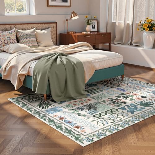 Zealude Floral Boho 5x7 Area Rugs for Bedroom Living Room, Botanical Soft Dining Room Rug, Large Non Slip Stain Resistant Indoor Throw Carpet for Entryway Kitchen Office Playroom (Beige,5 x 7) - Image 4