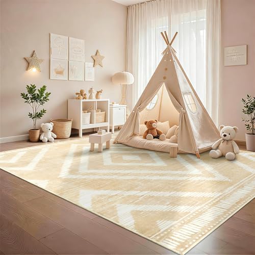 Boho Washable Area Rugs 6x9ft for Living Room, Beige Cream Thin Bedroom Rugs Non Slip, Modern Trellis Soft Kids Nusery Floor Carpets for Dining Room Playroom Home Office Decor - Image 6