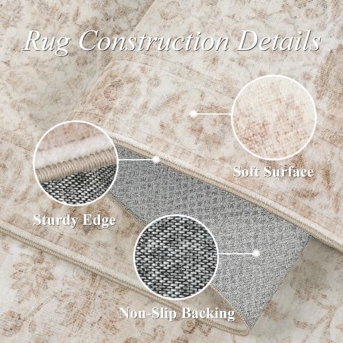 Washable 6ft Round Living Room Non-Slip Rug Retro Beige Throw Carpet - Image 7