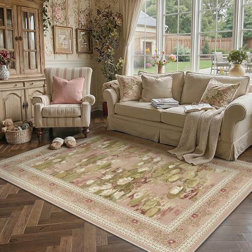 PureCozy Pink Area Rug 5x7 Living Room Vintage Floral Non-Slip Carpet by PureCozy