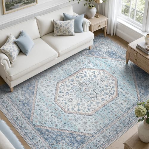 DCX 9x12 Washable Area Rug for Living Room, Non Slip Low Pile Rug, Blue - Image 3