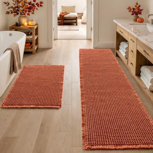 MIULEE Fall Orange Set of 2 Waffle Bathroom Rugs Bath Mat 17"x24"+17"x48" by MIULEE