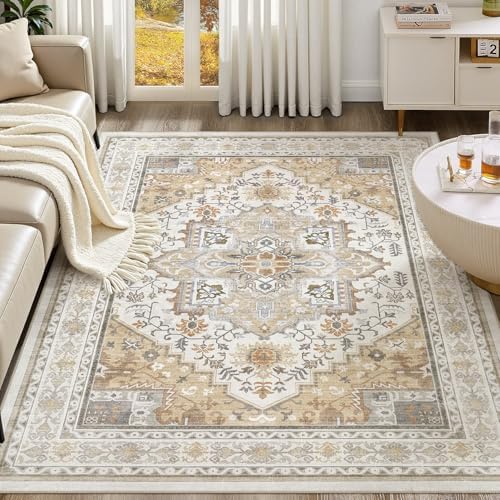 UERMEI 5x7 Area Rug for Living Room - Washable Vintage Carpet, Non-Slip Soft Large Indoor Floor Rugs for Bedroom Home Office & Under Dining Table Decor, Brown Beige - Image 2