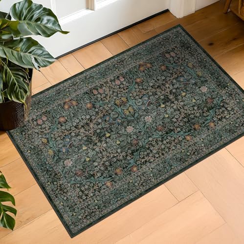 Dark Green Washable Entry Rug - Front Door Throw Rugs Indoor, Non-Slip Bathroom Small Rugs, Vintage Floral Thin Rug for Kitchen, Boho Entryway Décor (2x3 Dark Green) by HazoHaus