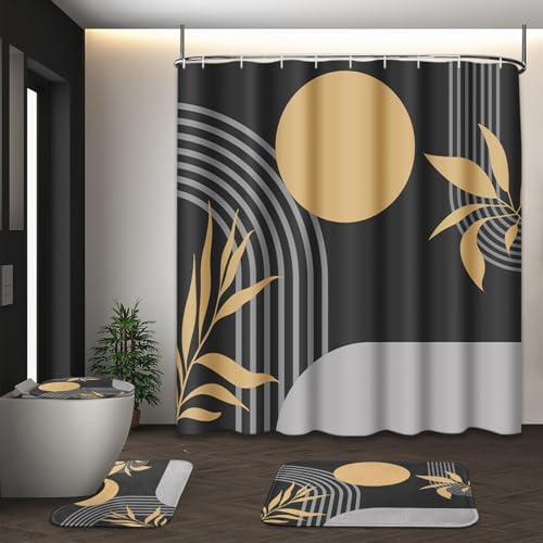 Bathroom Sets with Shower Curtain and Rugs, Set of 4 Boho Geometric by Tayney