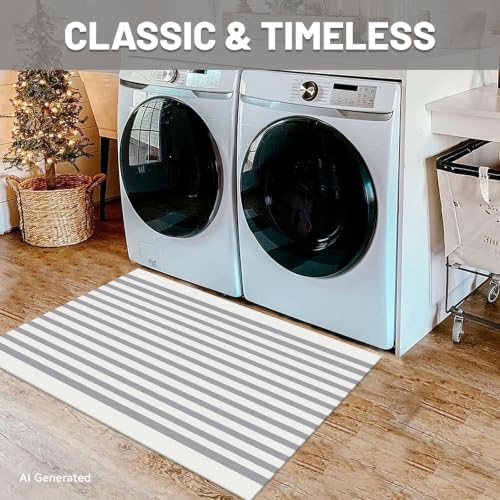 IOHOUZE 2x3 Striped Outdoor Door Mat, Washable Porch Rug, Grey White - Image 6