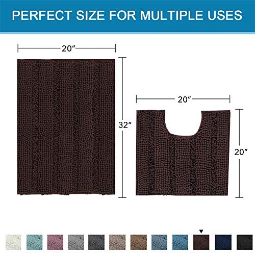 Bathroom Rugs Bath Rug Set 2 Piece Bathroom Contour Rug Toilet Mat Sets Non Slip Contour Bath Rug Set Ultra Thick Water Absorbent Striped Bath Mats Washable(20" x 32" Plus 20" x 20" U, Chocolate) - Image 2