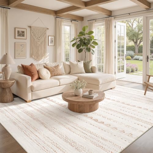 Nakagishi Area Rug Living Room Rugs: 8x11 Large Soft Machine Washable Boho Moroccan FarmNeutral Stain Resistant Indoor Floor Carpet for Bedroom Under Dining Table Home Office Decor-Cream Brown - Image 2