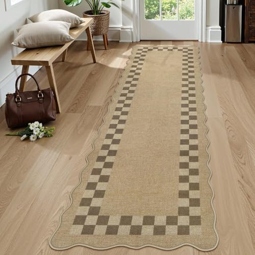 LIVEBOX Scalloped Easy Jute Checkered Runner Rug for Kitchen, Washable 2x8 Tan Rugs for Hallway Runner Entryway, Geometric Indoor Outdoor Non Slip Rug Farmhouse Modern Carpet Door Mat for Porch by LIVEBOX