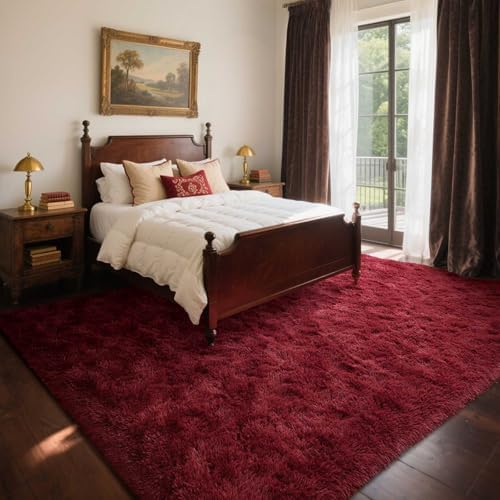Area Rugs for Living Room, 5x7 Feet Soft Fluffy Shagg Plush Rug High Pile Large Indoor Modern Non-Slip Floor Carpet for Bedroom Nursery Girls Kids Home Room Dorm Decor Aesthetic Burgundy - Image 2