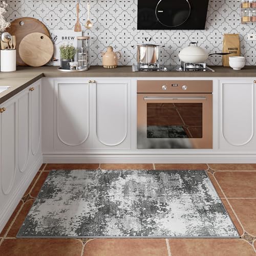 Entryway Rug 2x3 Grey Door Mat Indoor Entrance 24x36, Washable Small Throw Rugs for Kitchen Floor, Entry, Front Door, Bedroom Bedside, Non-Slip Low Pile Stain & Fade Resistant, Abstract Gray - Image 2