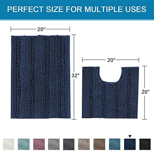 H.VERSAILTEX Bathroom Rugs Bath Rug Set 2 Piece Bathroom Contour Rug Toilet Mat Sets Non Slip Contour Bath Rug Ultra Thick Water Absorbent Striped Bath Mats Washable(20" x 32" Plus 20" x 20" U, Navy) - Image 2