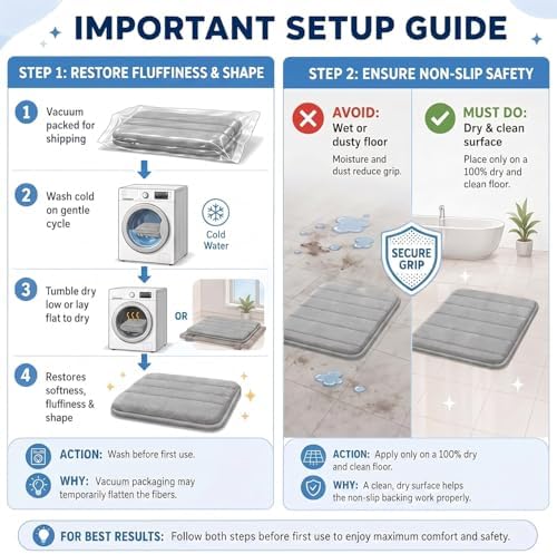 Bathroom Rugs Set 3 Piece, Memory Foam Bath Rugs, Non Slip Washable Bathroom Rug Set, Extra Soft Absorbent Bath Mats with U-Shaped Toilet Rug, Gray - Image 7