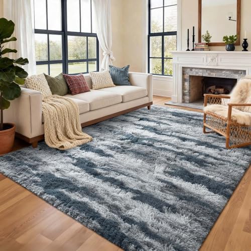 6x9 Ft Large Shag Rugs for Living Room Decor, Tie-Dyed Ultra Soft Fluffy Furry Area Rugs for Bedroom Indoor Floor, Aesthetic Carpet for Kids Home (Blue) by Cuzwlovita