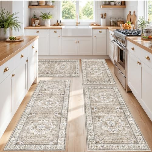 4 Piece Kitchen Rug Set Non-Slip: Washable Boho Kitchen Mats for Floor Soft Low Pile Carpet Runner for Sink,Entryway,Hallway - Vintage Thin Small Throw Rugs for Bathroom(Beige/Brown,2x3+2x4+2x5+2x6) by YOUFORTONG