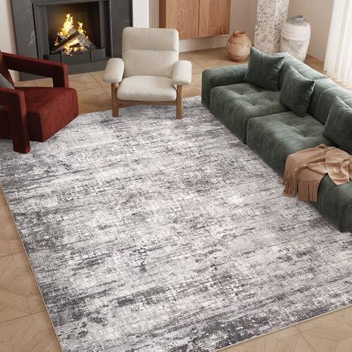 8x10 Black Gray Washable Area Rug for Living Room, Vintage Print by Unknown