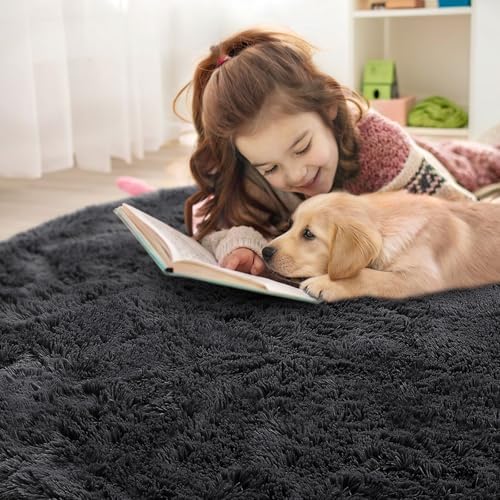 OLANLY Black Round Rugs for Bedroom - Machine Washable, 5 ft Circle Area Rugs for Living Room, Soft and Fluffy Shaggy Carpet for Teen Girls and Boys, Nursery Rooms, Dorms, Home Decor Aesthetic - Image 5